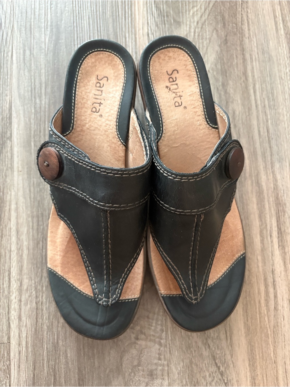 Sanita Black Leather Comfort Wedge Sandals EU 40 Boho Scandinavian 9/9.5 - Picture 4 of 6